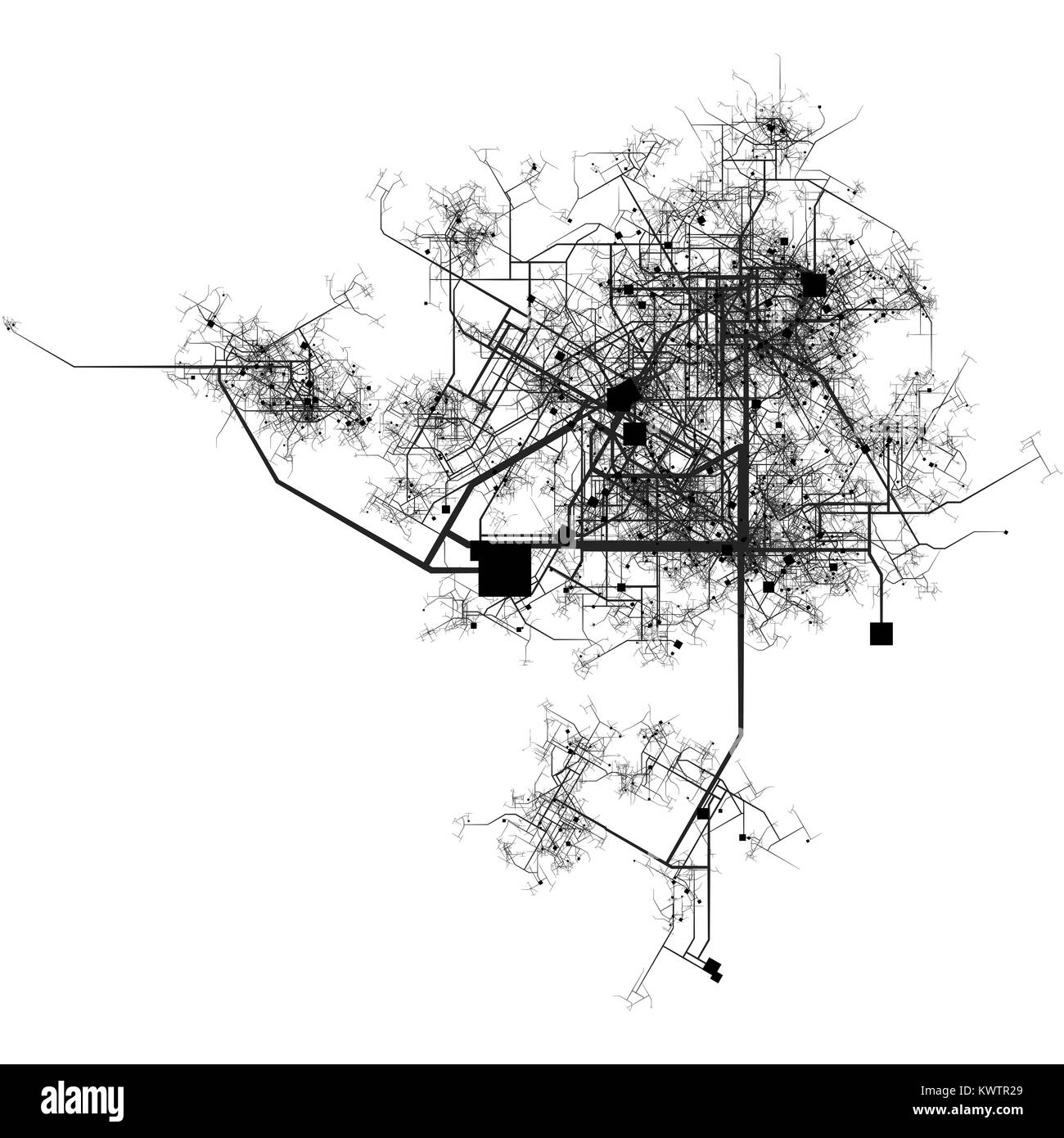 Città in crescita con una vista aerea in 2D in bianco e nero Foto Stock