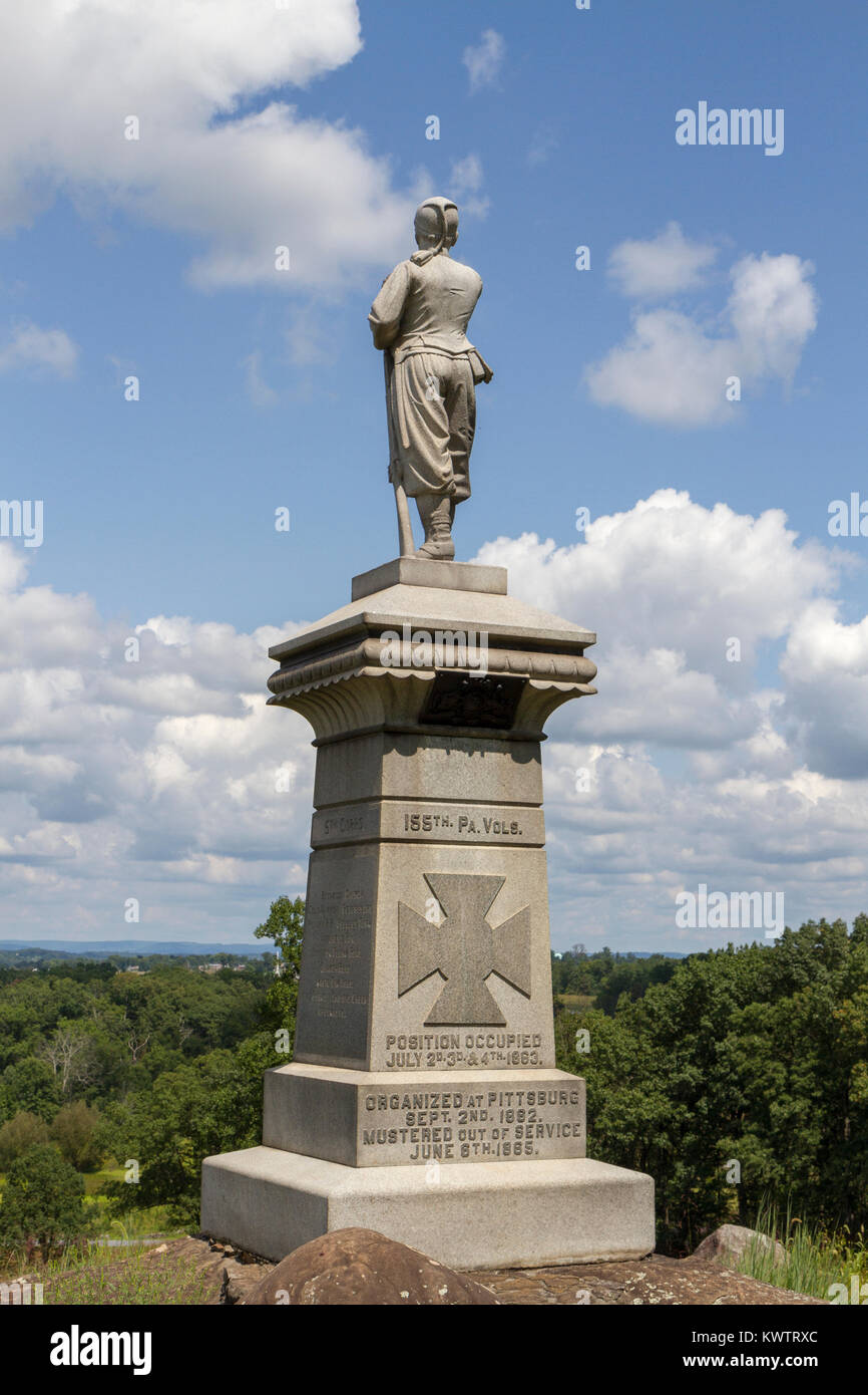 La 155Pennsylvania monumento di fanteria in Little Round Top, Gettysburg National Military Park, Pennsylvannia, Stati Uniti. Foto Stock