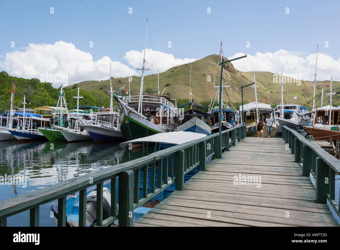 Il dock a Rinca isola, una delle 5 isole dove i draghi di Komodo risiedono, occidentale di Flores, Indonesia Foto Stock