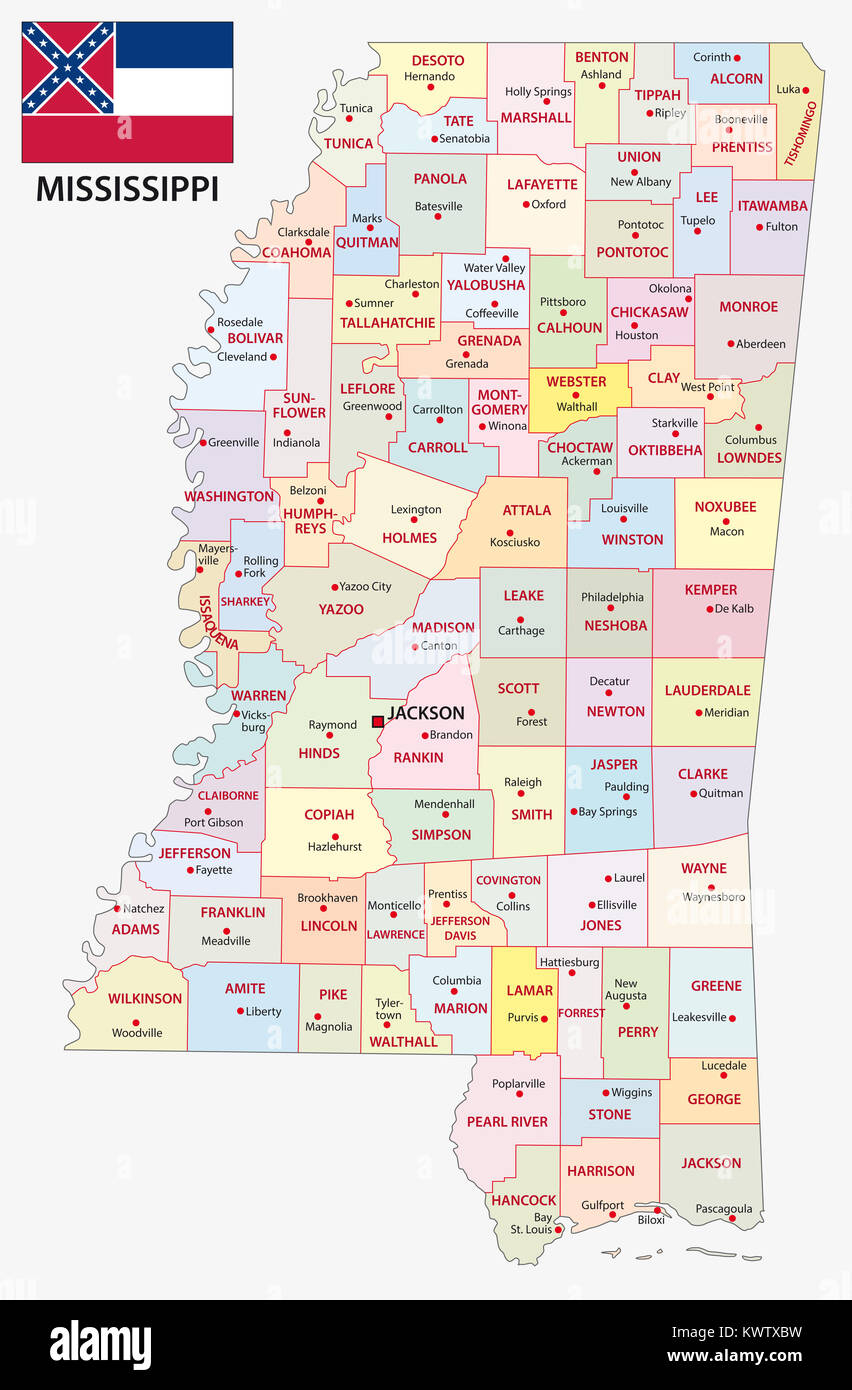 La Mississippi politica e amministrativa di mappa vettoriale con bandiera Foto Stock