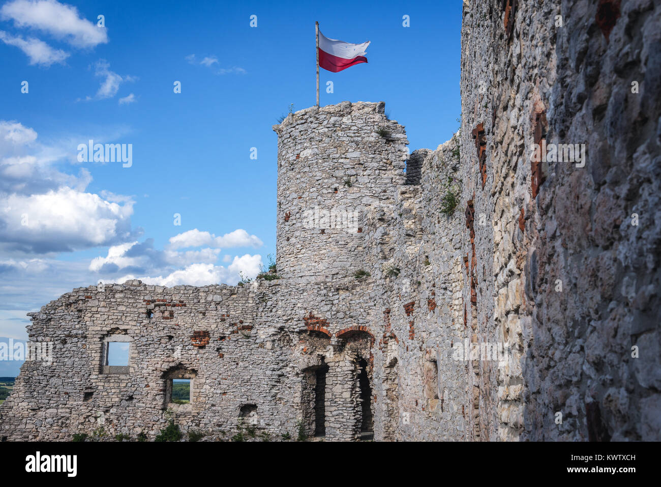 Torre e mura del castello di Ogrodzieniec nel villaggio Podzamcze, parte dei nidi delle aquile castello sistema nel voivodato di Slesia della Polonia meridionale Foto Stock