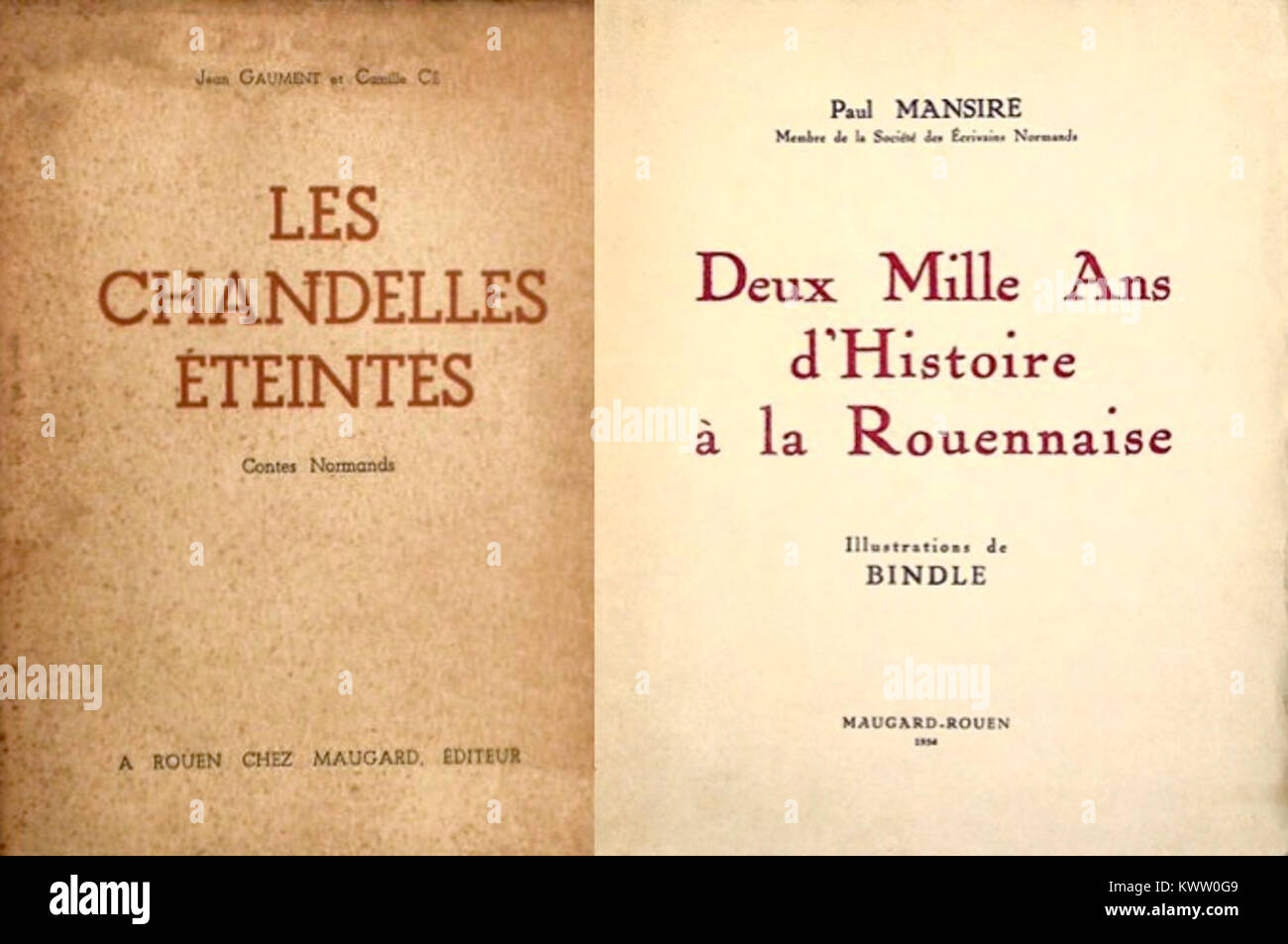 Due copertine di libri pubblicate nel 1936 e nel 1954 da Éditions Maugard a Rouen, Francia, che mostrano gli stili di design della casa editrice della metà del XX secolo. Foto Stock