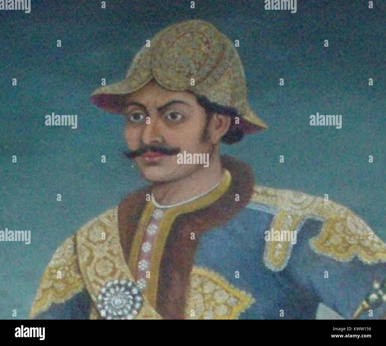 Un ritratto di Bhimsen Thapa, primo ministro del Nepal (1806-1837), raffigurante lui in abiti tradizionali nepalesi, una figura importante nella storia nepalese dei primi anni del XIX secolo. Foto Stock