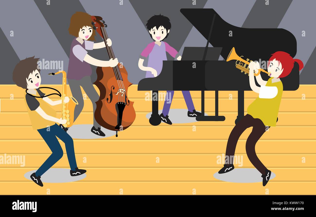 Musicisti jazz band ,suonare la chitarra,bassista ,pianoforte,sassofono .jazz band.illustrazione vettoriale isolato su sfondo in stile cartoon Illustrazione Vettoriale