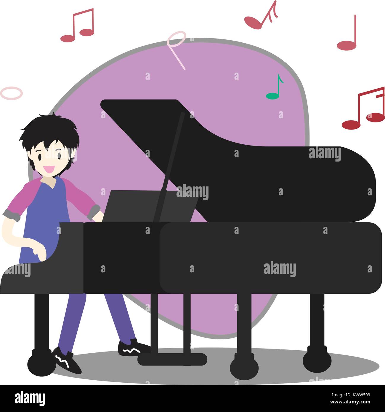 Ragazzo giovane suonando piano felice amore alla musica di sottofondo character design illustrazione vettore in stile cartoon Illustrazione Vettoriale