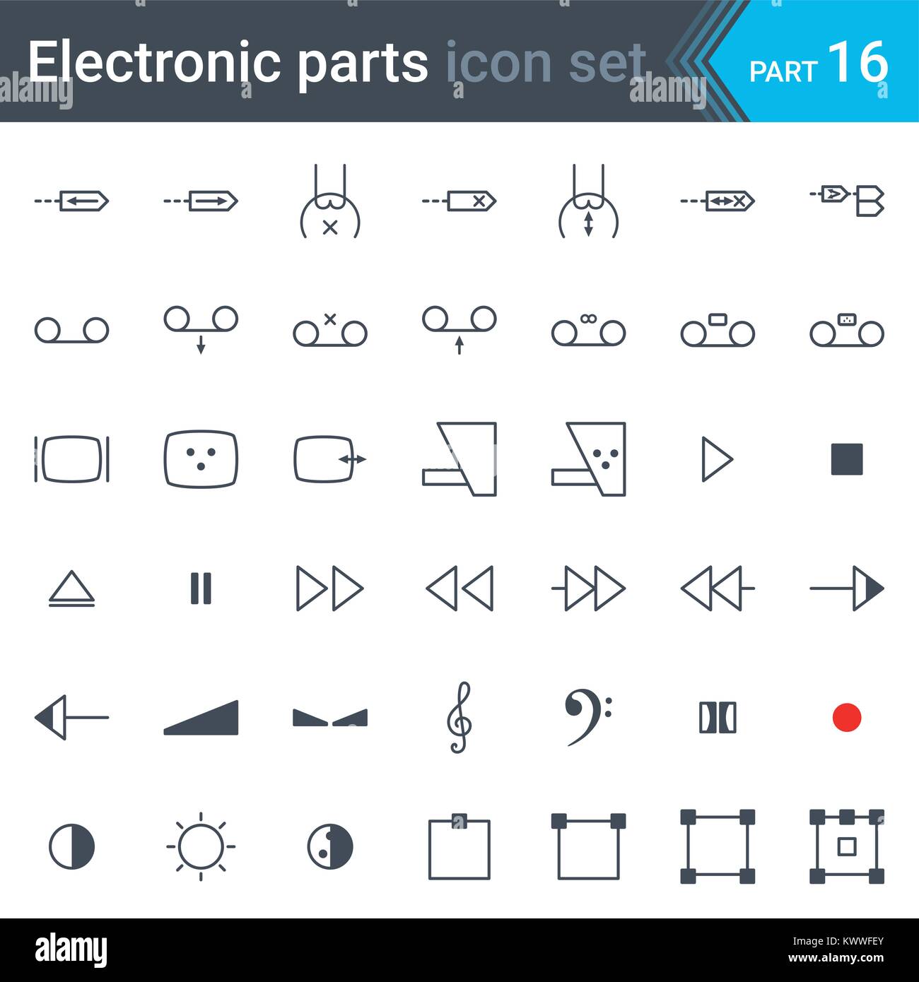 Elettrico e lo schema di circuito elettronico set di simboli dei dispositivi audio e video, la funzione controllo di audio e video e di rappresentazione del suono Illustrazione Vettoriale