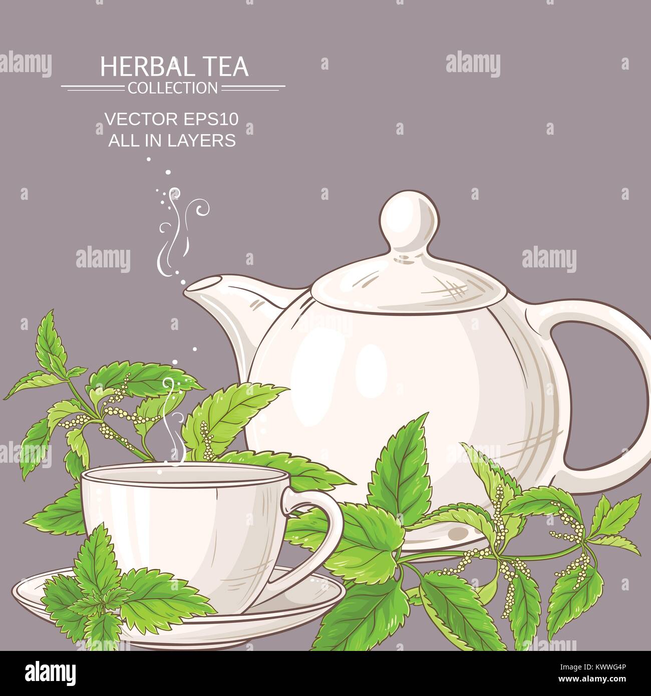 Tazza di tè di ortica e teiera sul colore di sfondo Illustrazione Vettoriale
