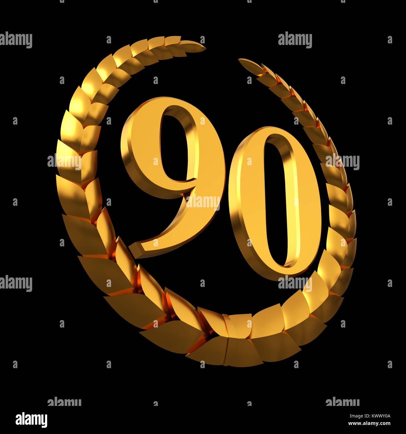 Anniversario Golden corona di alloro e il numero di riferimento 90 su sfondo nero . 3D'illustrazione. Foto Stock