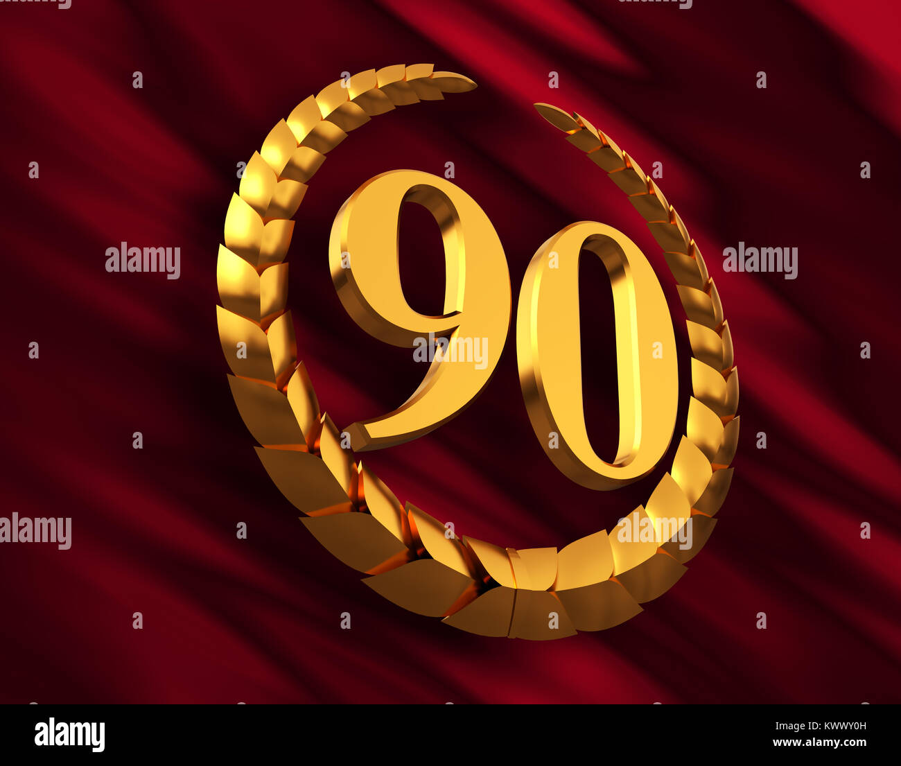 Anniversario Golden corona di alloro e il numero 90 sulla bandiera rossa. 3D'illustrazione. Foto Stock