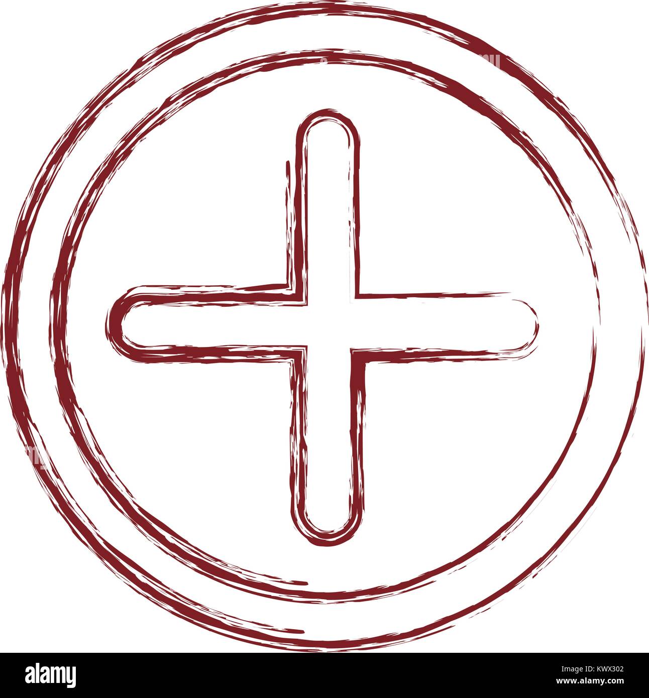 Icona più in cerchio in rosso scuro silhouette sfocata Illustrazione Vettoriale