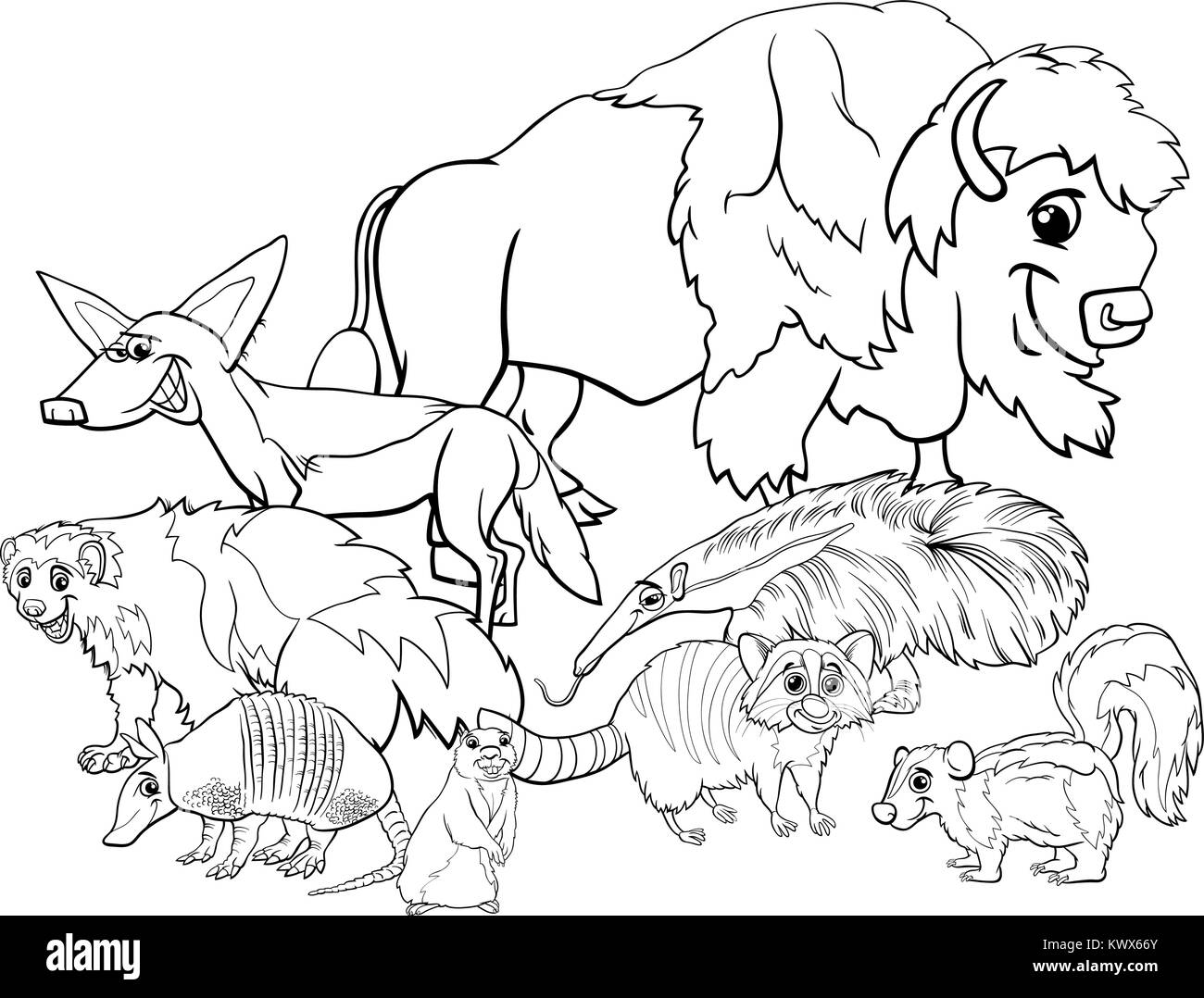 Bianco e nero illustrazioni del fumetto americano di animale di gruppo di caratteri libro da colorare Illustrazione Vettoriale