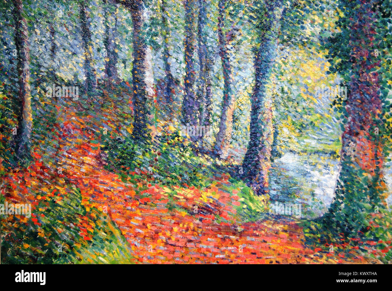 Dipinto intitolato "Sous Bois" dell'artista francese Léo Gausson, raffigurante un paesaggio boscoso con alberi ed effetti di luce caratteristici dell'arte francese del tardo XIX secolo. Foto Stock