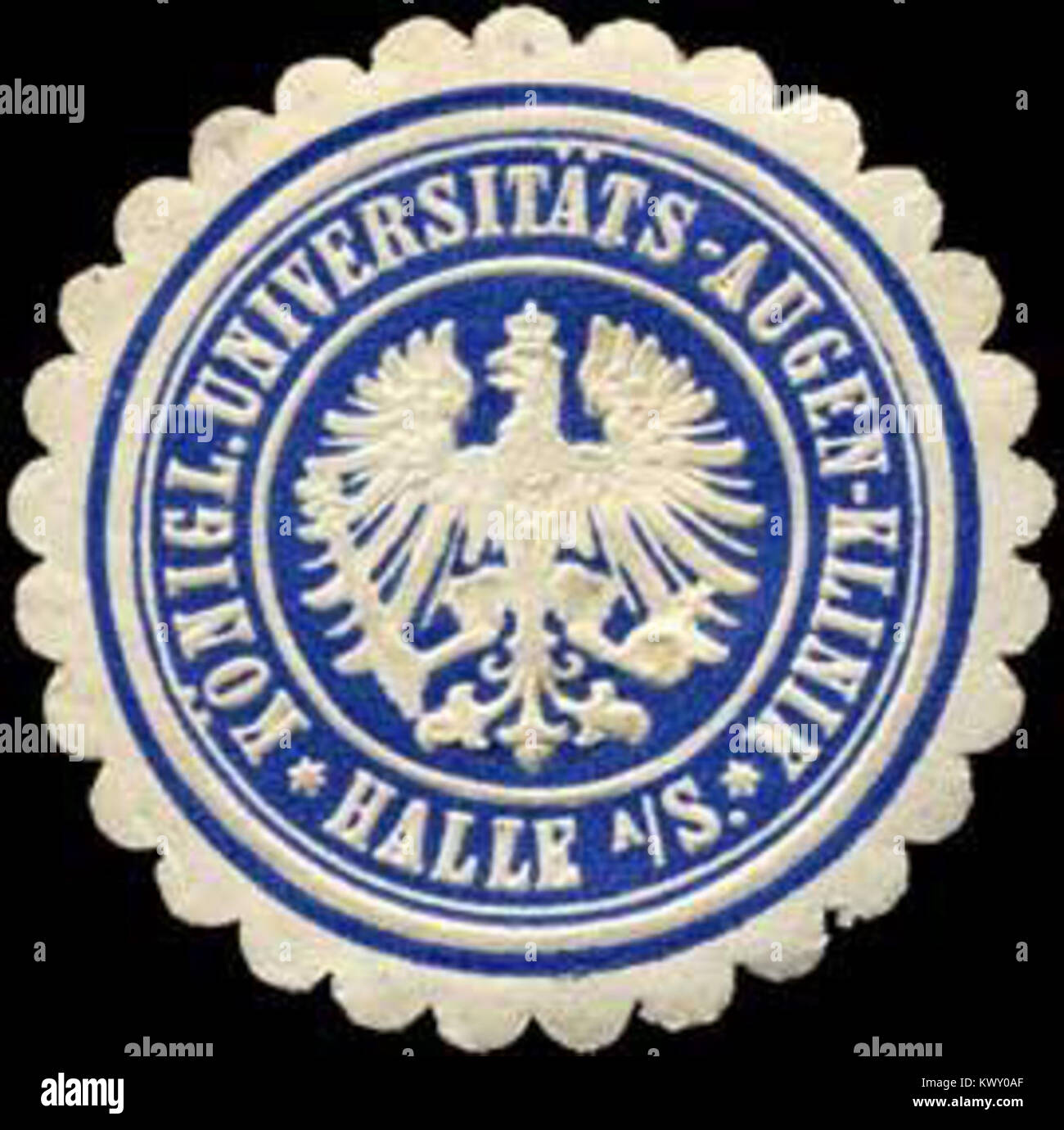 Questa immagine mostra il sigillo della Royal University Eye Clinic di Halle-Saale, Germania, che sottolinea il suo ruolo storico nella ricerca medica e nell'oftalmologia. Foto Stock