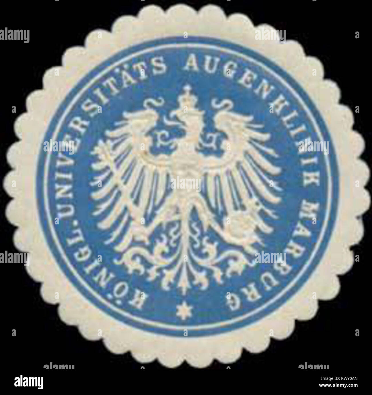 Questo marchio rappresenta la Royal University Eye Clinic di Marburgo, Germania. È stato utilizzato per i documenti medici e amministrativi ufficiali associati al dipartimento di oftalmologia dell'università. Foto Stock