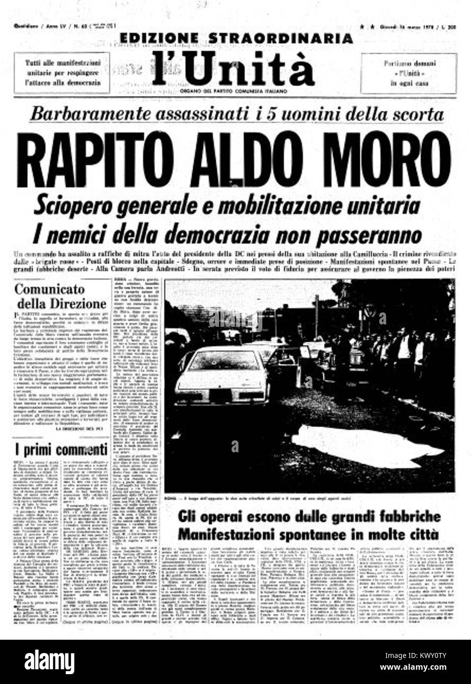 Prima pagina del quotidiano l'Unità, del 16 marzo 1978, edizione speciale sul rapimento del politico italiano Aldo Moro. La questione documenta un importante evento politico e storico nella storia contemporanea dell’Italia. Foto Stock