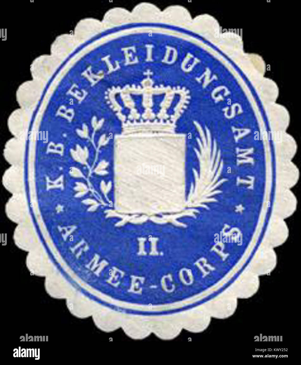 Questo sigillo storico rappresenta l'Ufficio bavarese dell'abbigliamento per il II corpo d'armata. Fu usato per certificare l'abbigliamento militare ufficiale e le uniformi per l'esercito bavarese durante il XIX secolo. Foto Stock