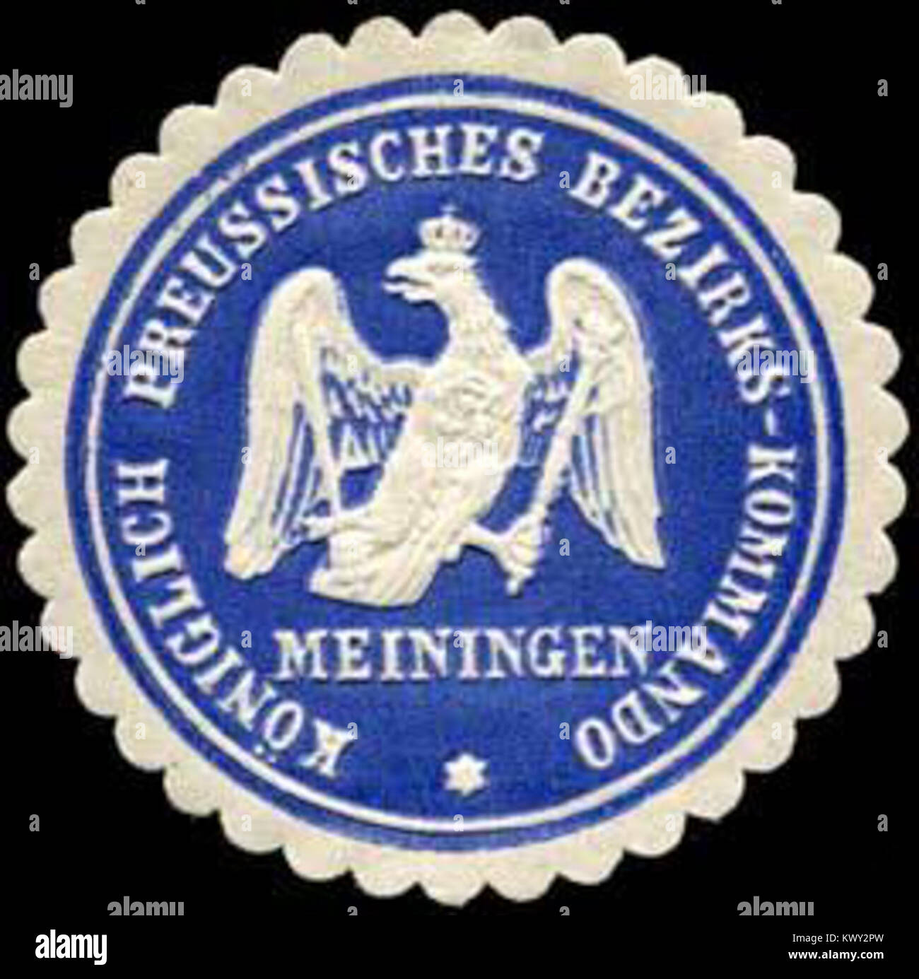 Questo sigillo reale del distretto prussiano dal comando distrettuale di Meiningen fu usato per autenticare i documenti ufficiali. Fa parte di una collezione più ampia che riflette l'autorità governativa e civica prussiana. Foto Stock