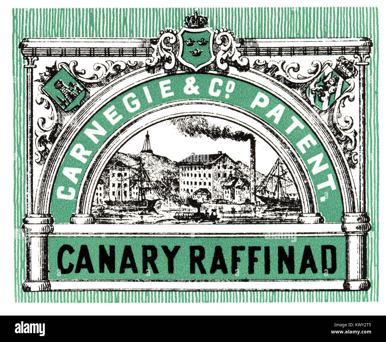 Questa etichetta della raffineria di zucchero Carnegieska di Gothenburg, Svezia, identifica l'imballaggio del pan di zucchero di uno storico produttore industriale attivo tra la fine del XIX e l'inizio del XX secolo. Foto Stock