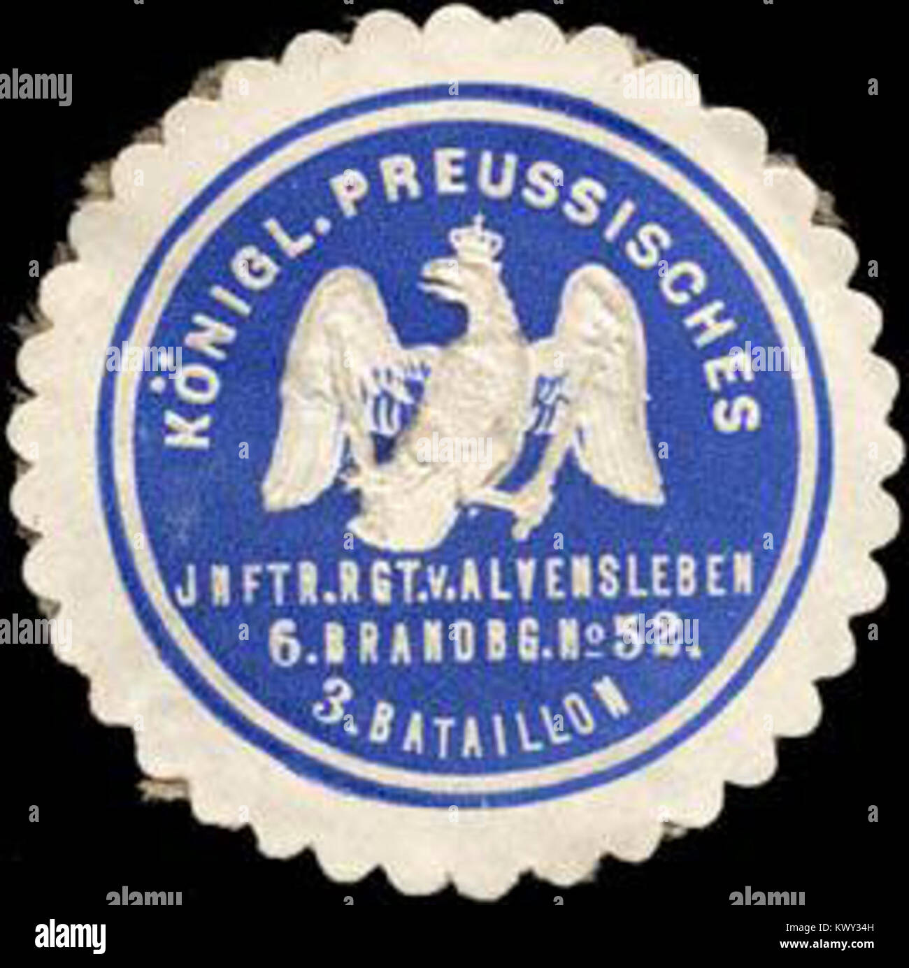 Timbro del 3rd Battalion, 52nd Infantry Regiment von Alvensleben (6th Brandenburg), in rilievo in blu e bianco, misura circa 4 cm, utilizzato per la corrispondenza ufficiale tra il 1850 e il 1918. Foto Stock
