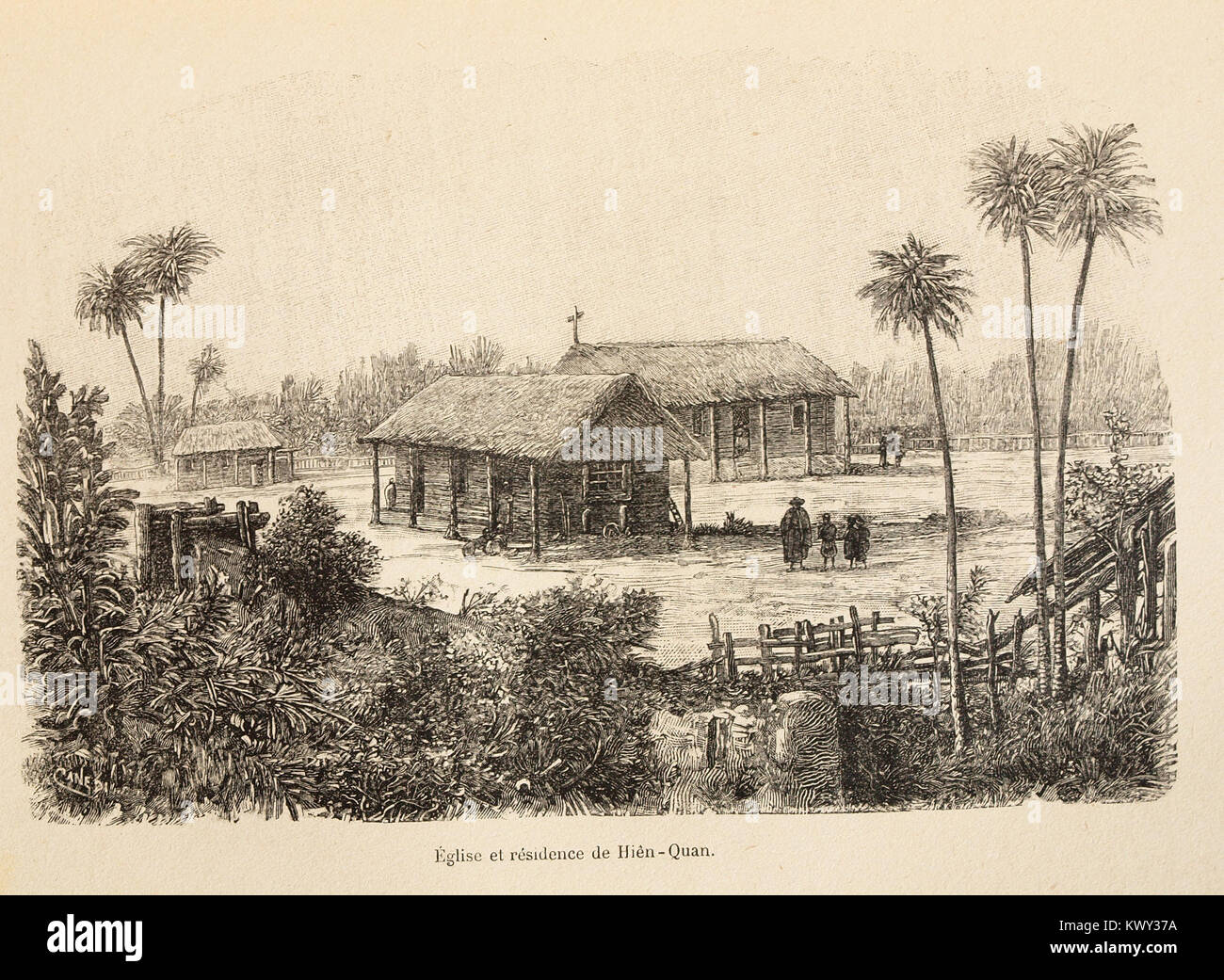 Fotografia tratta dal lavoro di L. Girod del 1899 “Dix ANS de Haut-Tonkin”, raffigurante la chiesa e la residenza di Hiên Quan, che illustra l'architettura coloniale francese nel Tonchino (Vietnam). Foto Stock