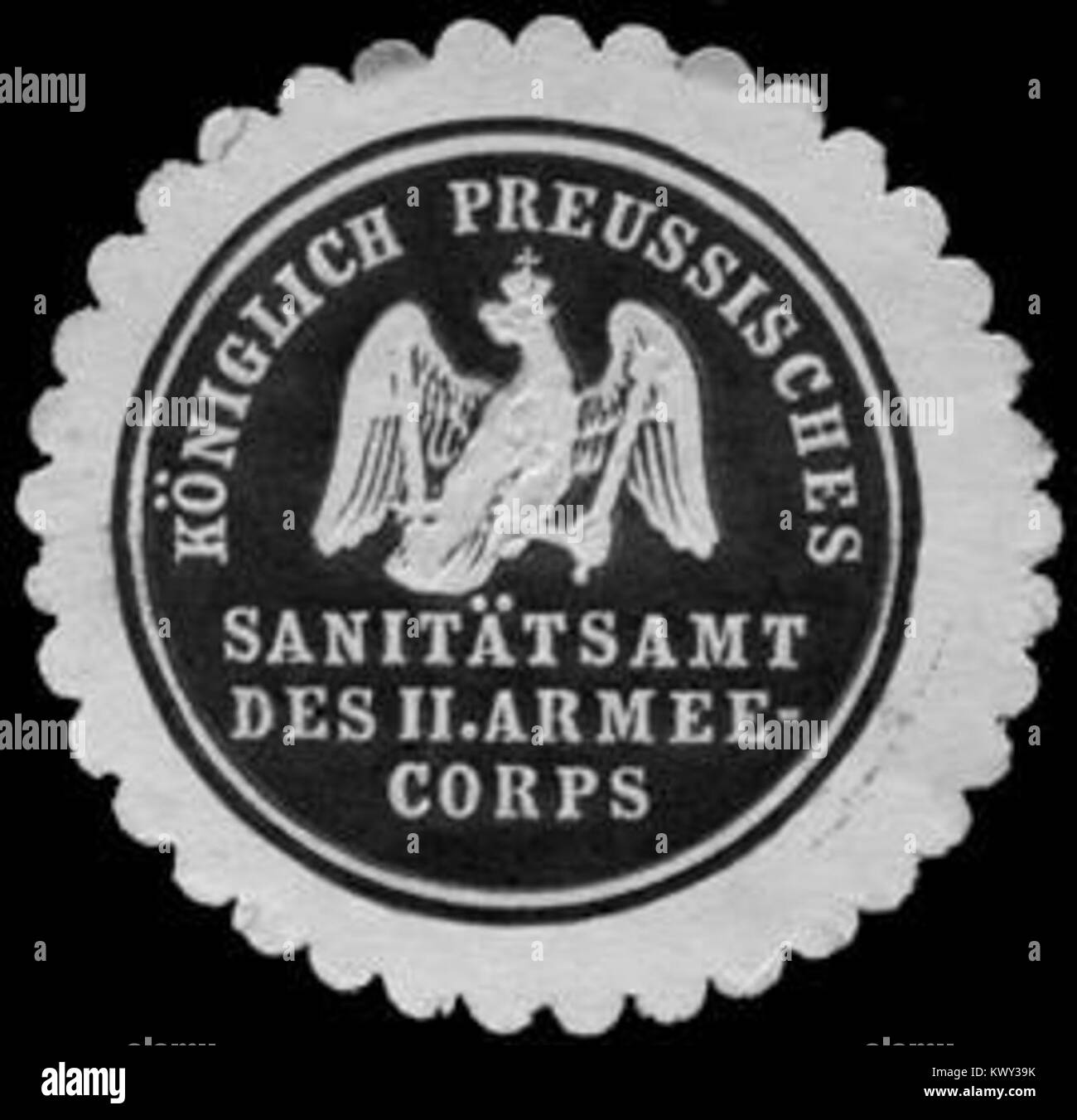 Sigillo adesivo del Royal Prussian Sanitation Department, II Army Corps, che rappresenta la supervisione amministrativa e medica nell'esercito prussiano Foto Stock