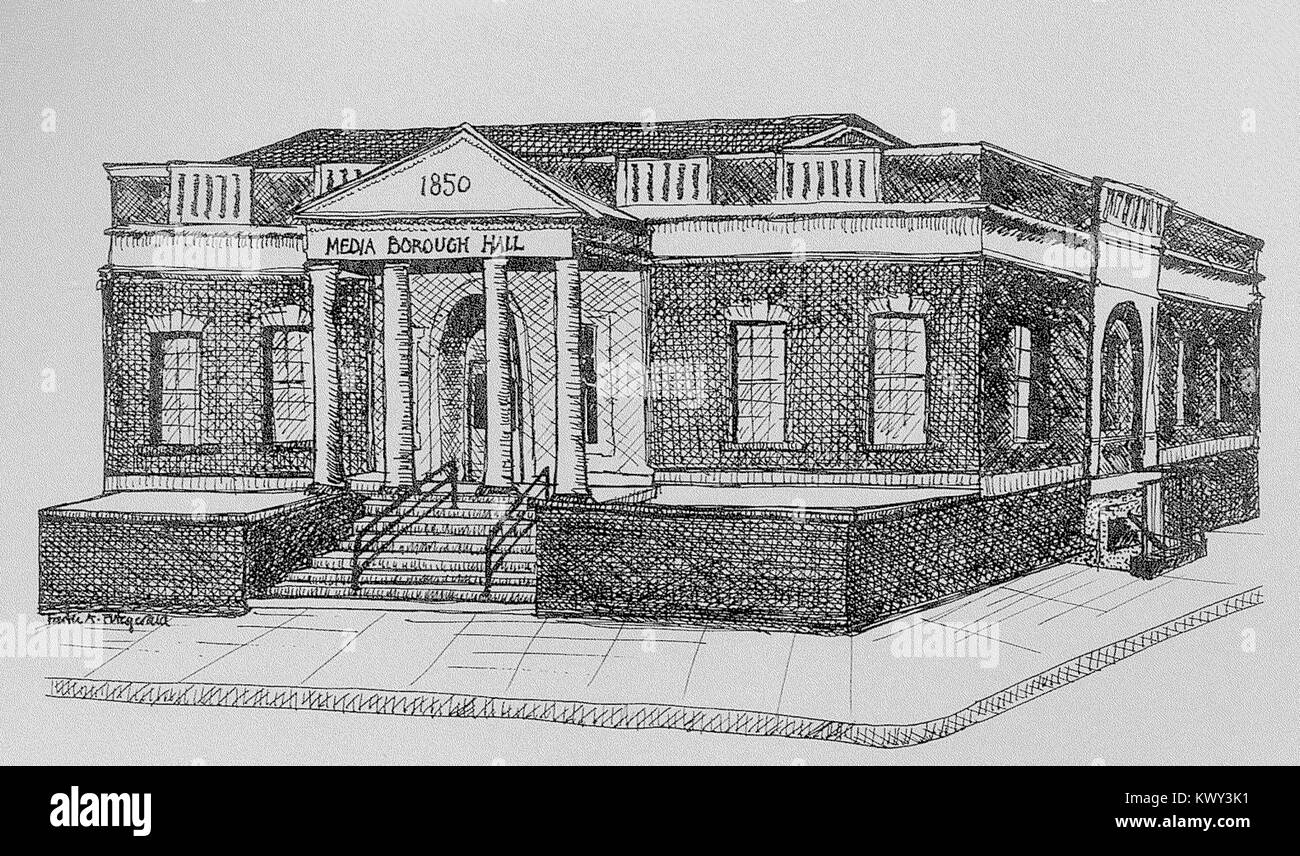 Un tributo alla progettazione e al completamento della nuova Borough Hall, che ne mette in risalto le caratteristiche architettoniche e il significato nell'infrastruttura civica della regione. Foto Stock