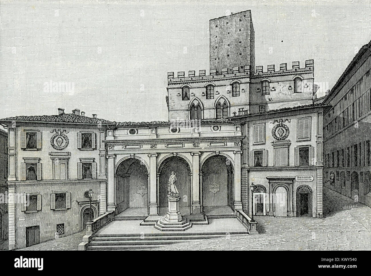 Una veduta di Piazza dell'indipendenza a Siena, Italia, caratterizzata da un design urbano del XIX secolo e da un'architettura neoclassica, storicamente legata al periodo dell'unificazione italiana. Foto Stock