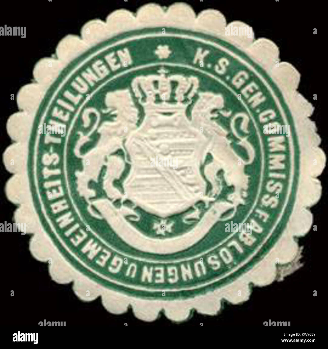 L'immagine mostra un timbro della Royal Saxon General Commission for Land Consolidation and Common Land Divisions, utilizzato per i documenti ufficiali di proprietà e gestione del territorio. Foto Stock