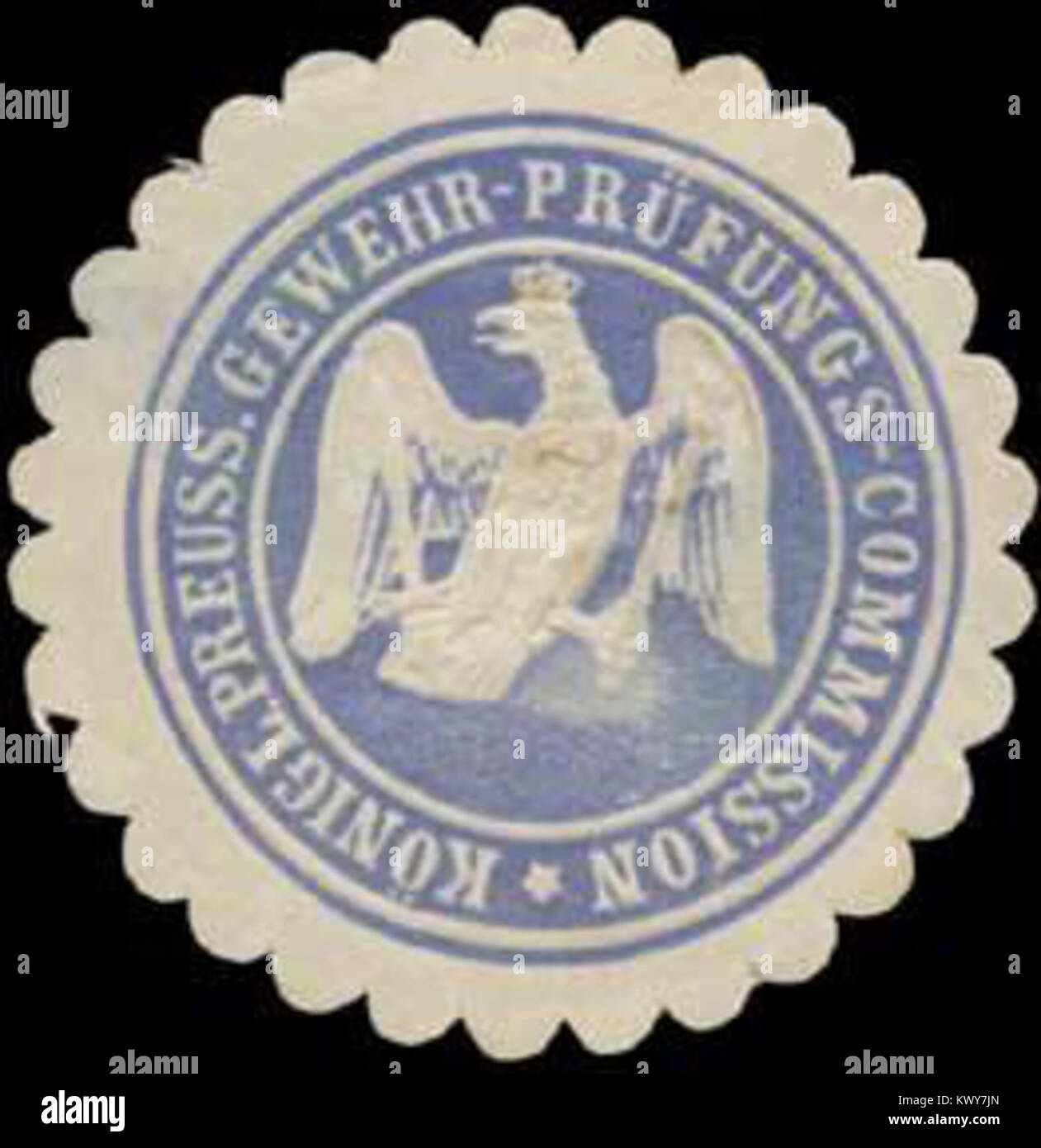 Il Siegelmarke della Royal Prussian Rifle Testing Commission rappresenta il sigillo ufficiale utilizzato per testare e certificare le armi da fuoco, riflettendo gli standard militari prussiani e le pratiche di documentazione. Foto Stock