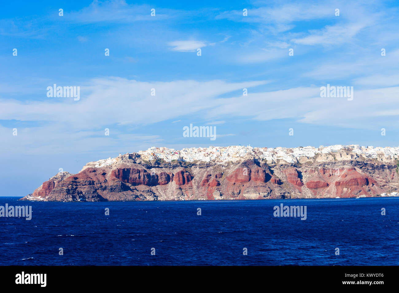 Santorini isola antenna vista panoramica, Cicladi in Grecia Foto Stock
