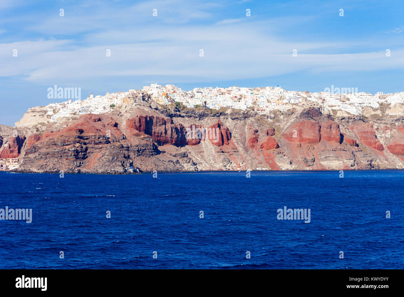 Santorini isola antenna vista panoramica, Cicladi in Grecia Foto Stock