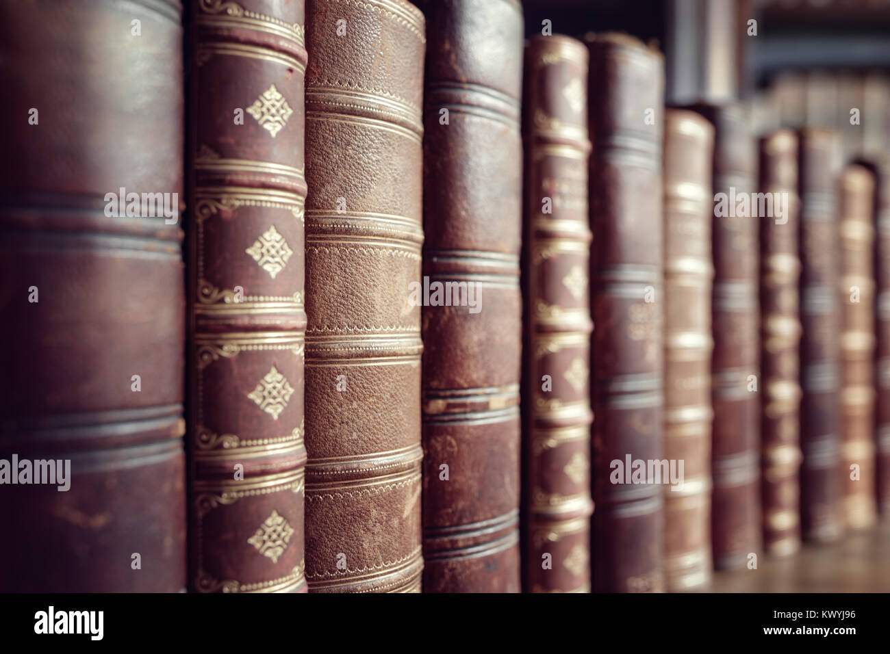 Vecchio rilegati in pelle vintage libri in una riga Foto Stock