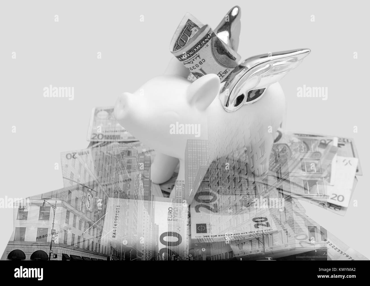 Doppia esposizione di un salvadanaio e degli edifici. Sfondo Concept Foto Stock