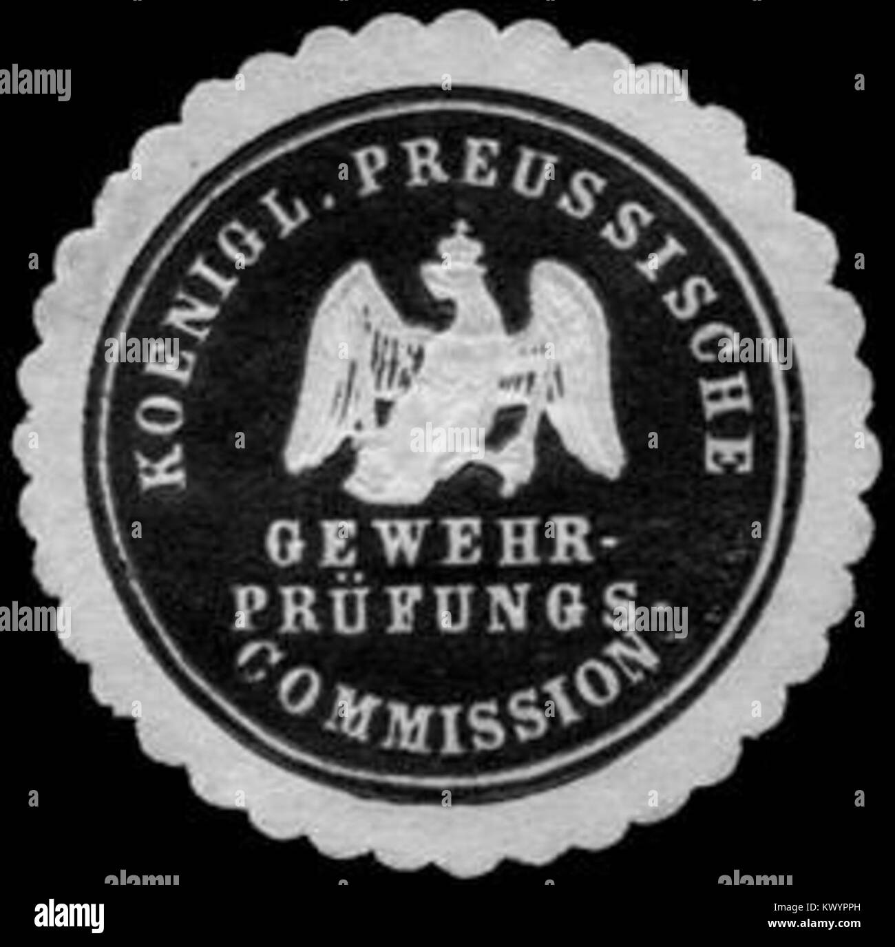 Questo sigillo è stato utilizzato dalla Royal Prussian FireARM Testing Commission per autenticare i documenti relativi alla valutazione e all'approvazione delle armi da fuoco militari durante il XIX e l'inizio del XX secolo. Foto Stock