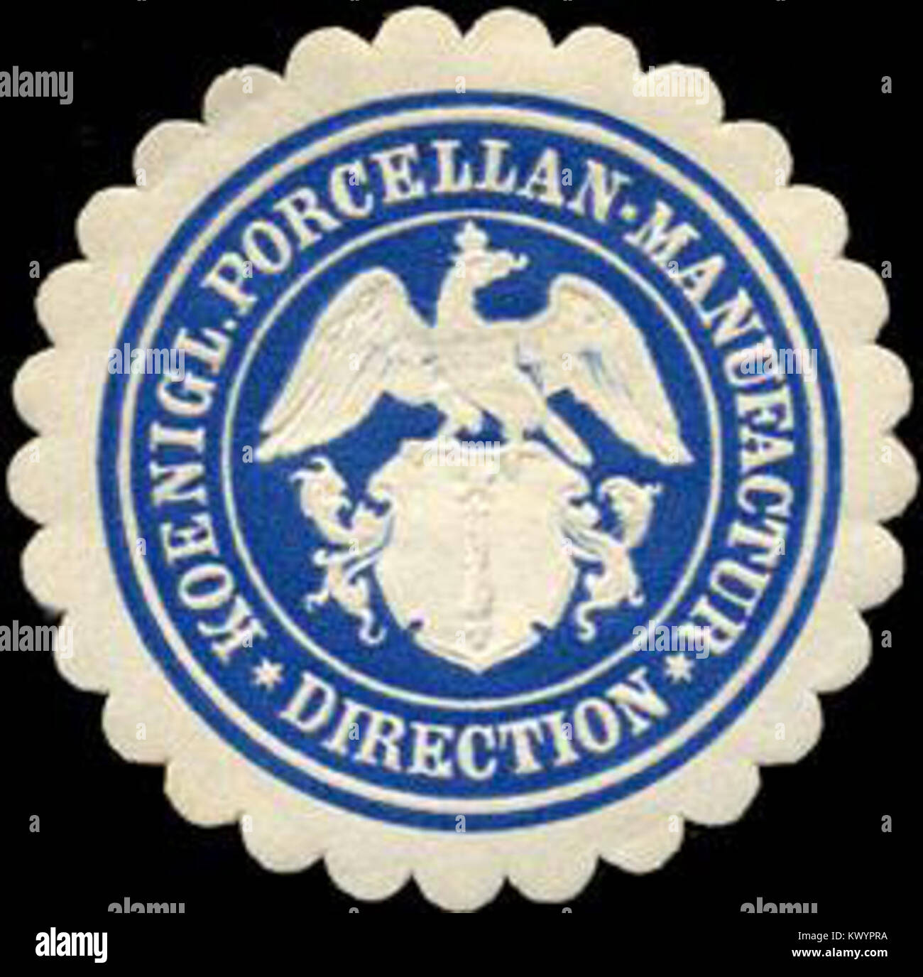 Sigillo ufficiale della fabbrica reale di porcellana (Königliche Porzellan-Manufaktur Berlin), utilizzato per certificare autentici prodotti in porcellana e documenti dell'impresa reale nella Germania del XIX secolo. Foto Stock