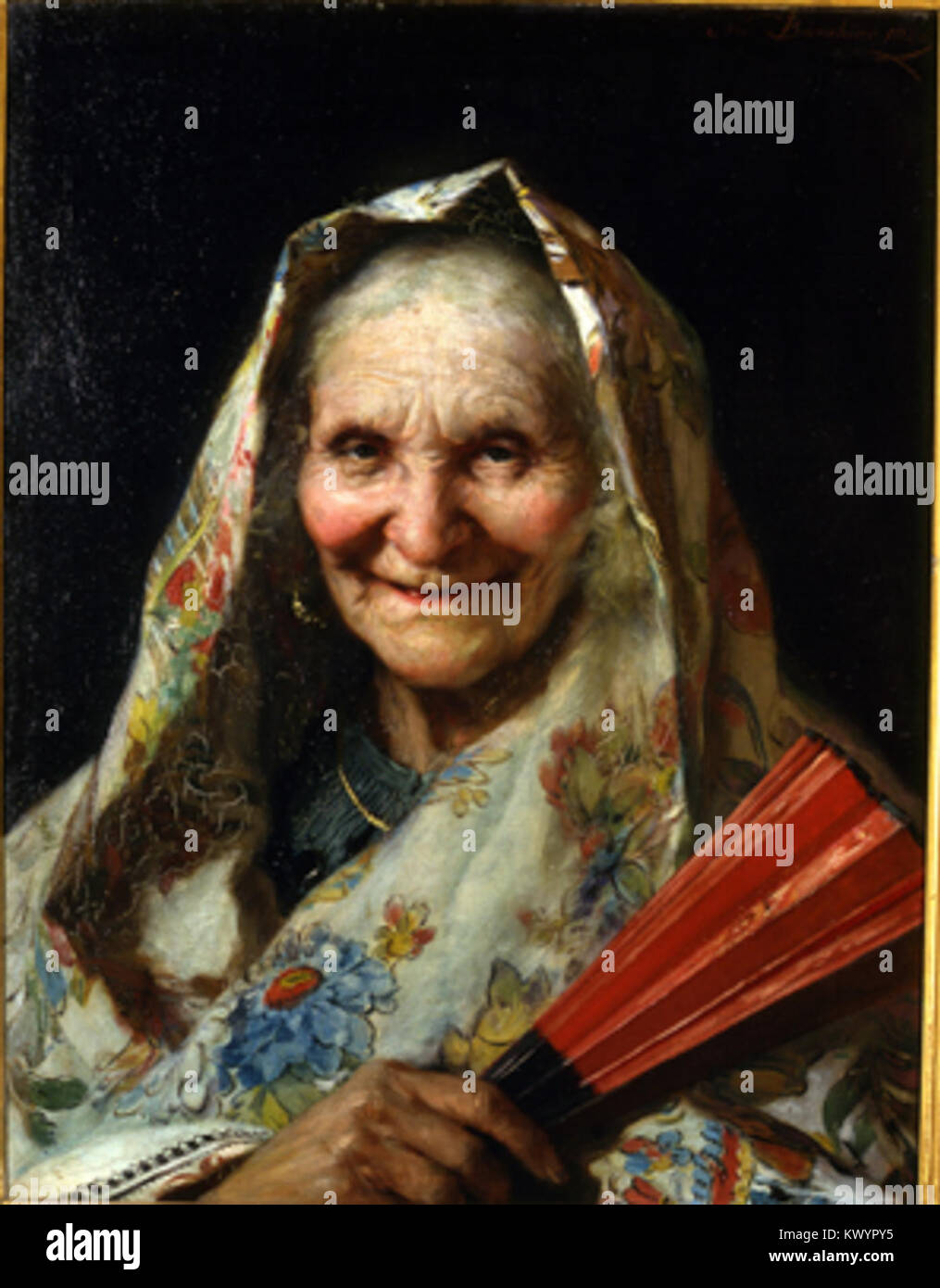 Un dipinto di Nicolò Barabino raffigurante un ritratto a mezza figura di una donna che regge un "pezzotto", noto anche come "Minolla sampierdarenese". L'opera dimostra l'uso del colore, della composizione e dello stile ritrattistico di Barabino nell'arte italiana del XIX secolo. Foto Stock