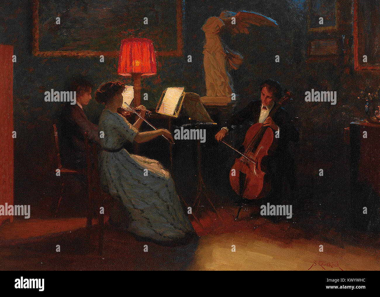 Un dipinto ad olio intitolato Nocturne dell'artista tedesco Simon Glücklich (1863-1943), raffigurante un trio di pianoforte, violino e violoncello, creato intorno al 1900. Foto Stock