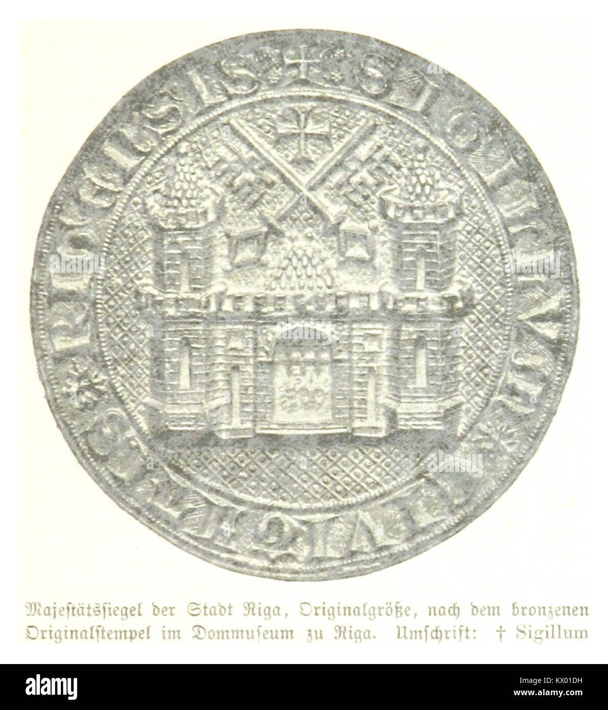 Questo sigillo di riga, documentato in Mettig (1897) P.85, rappresenta il sigillo ufficiale di maestà della città utilizzato per scopi amministrativi e cerimoniali. Foto Stock