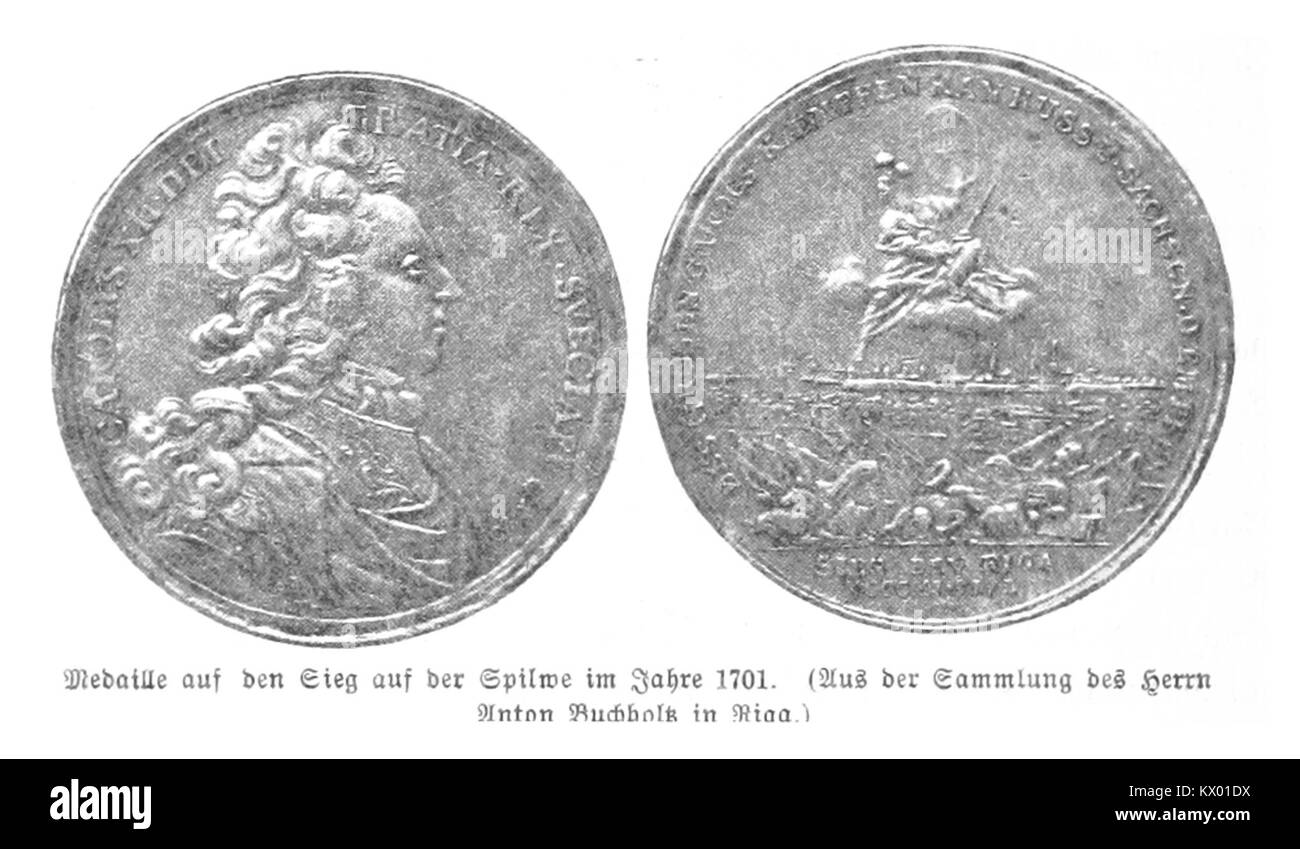 Questa medaglia commemorativa emessa nel 1897 onora la battaglia di Düna (1701) combattuta durante la grande Guerra del Nord, riconoscendo i soldati svedesi per il loro servizio e rappresentando un pezzo della storia militare svedese. Foto Stock