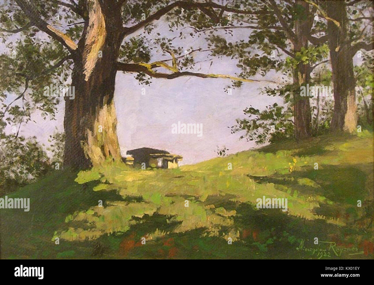 Questo dipinto ad olio di Mieczysław Reyzner del 1932 intitolato "Ławeczka pod dębem" ("la panchina sotto l'albero della quercia") raffigura una panchina di legno sotto un albero di quercia in un tranquillo paesaggio rurale in Polonia, illustrando l'attenzione dell'artista sui paesaggi naturali e sulla tranquilla vita di campagna. Foto Stock