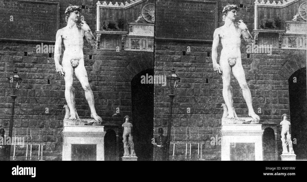 Il David di Michelangelo, inaugurato a Palazzo Vecchio a Firenze, è una scultura rinascimentale che rappresenta la maestria artistica e l'arte italiana del XVI secolo. Foto Stock