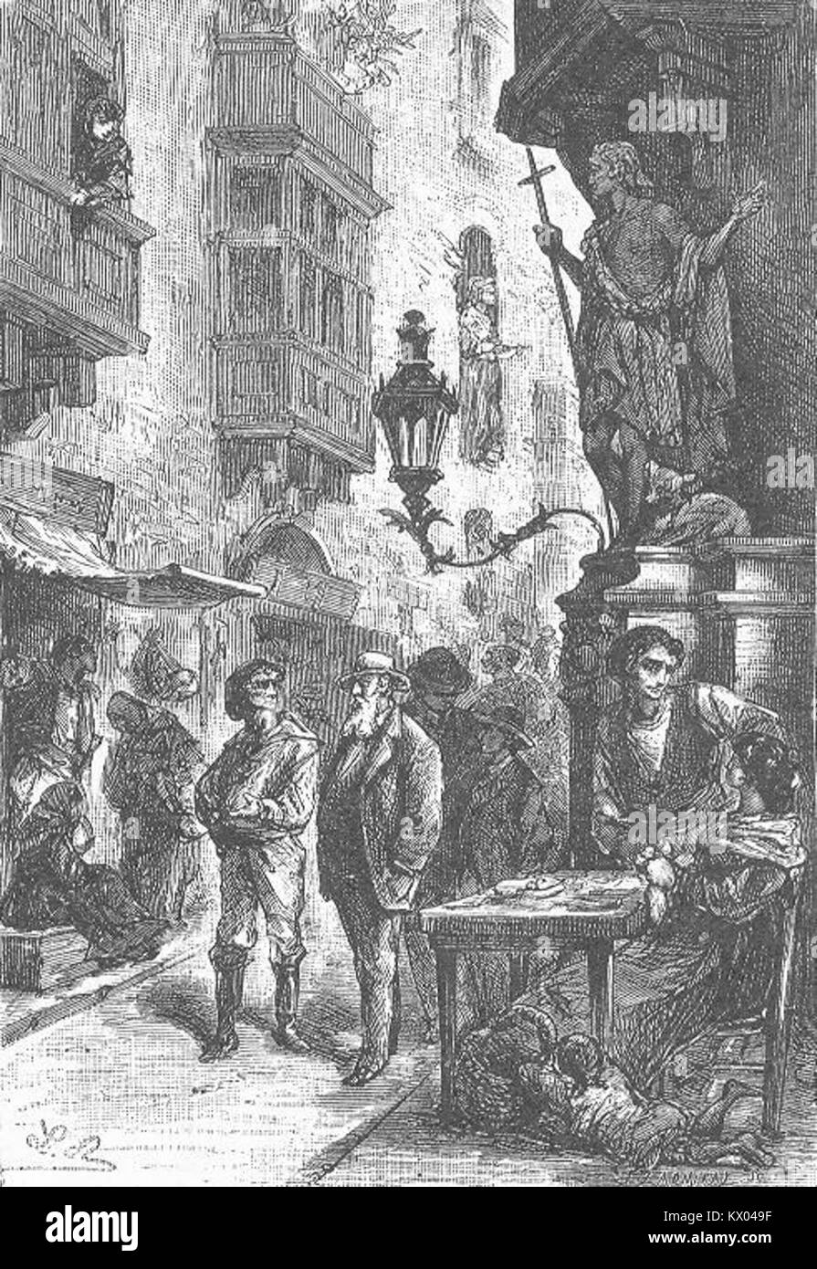 Un'illustrazione di Léon Benett per il romanzo del 1885 di Jules Verne ''Mathias Sandorf'' raffigura una scena drammatica della storia, che rappresenta l'avventura e il tono emotivo dell'opera letteraria di Verne attraverso l'arte illustrativa del XIX secolo. Foto Stock