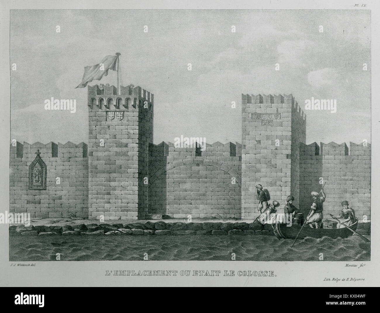 Questo dipinto del 1828 di Bernard Eugène Antoine Rottiers mostra l'ex sito del colosso di Rodi, commemorando l'antica meraviglia in una vista di epoca romantica. Foto Stock