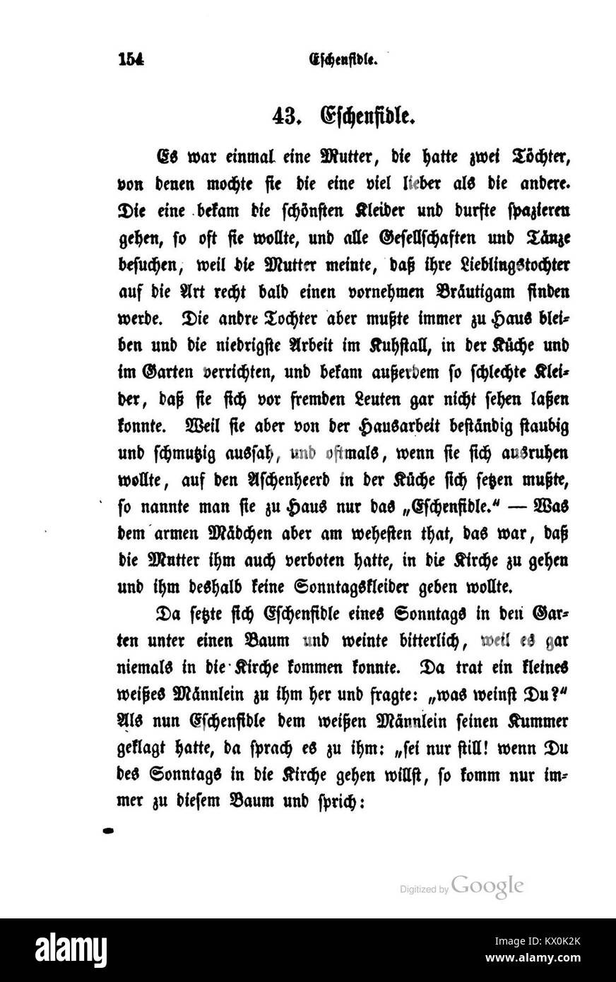 Pagina 154 da "Volksmärchen aus Schwaben" di Meier, contenente un racconto popolare svevo che riflette i costumi locali e il patrimonio narrativo. Foto Stock