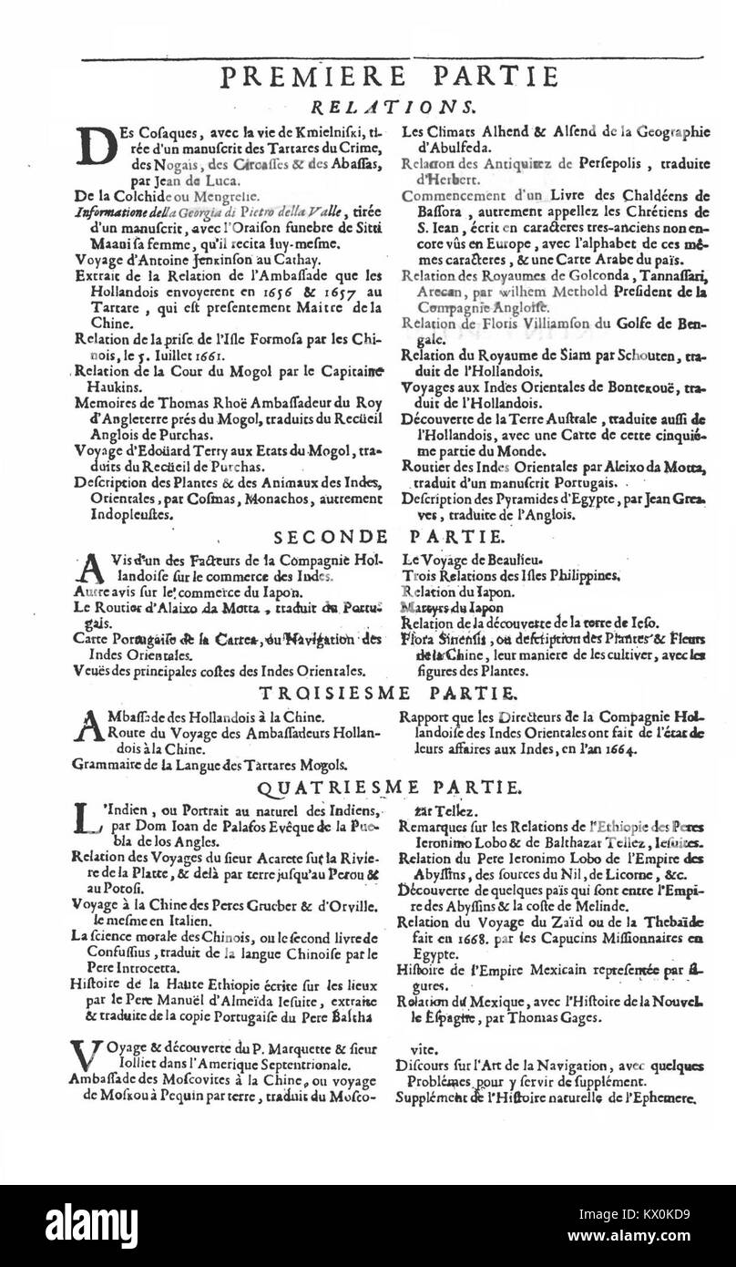 Un tavolo di Melchisédech Thévenot che documenta i suoi viaggi, descrivendo dettagliatamente percorsi, luoghi e osservazioni, contribuendo alle prime esplorazioni moderne e ai record di viaggio. Foto Stock