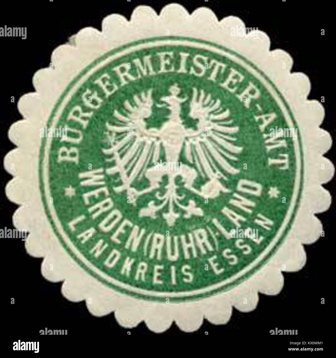 Il sigillo dell'ufficio del sindaco di Werden-Ruhr è stato utilizzato per i documenti ufficiali nella regione di Landkreis Essen, rappresentando il governo municipale e le pratiche amministrative durante la fine del XIX e l'inizio del XX secolo. Foto Stock