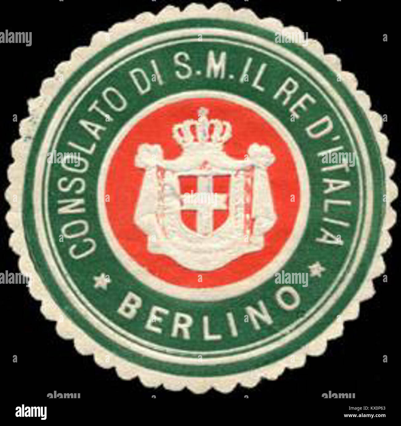 Questo sigillo del consolato italiano a Berlino, utilizzato nel XX secolo, simboleggia l'autorità diplomatica e la corona reale italiana, rappresentando le relazioni internazionali ufficiali dell'Italia. Foto Stock