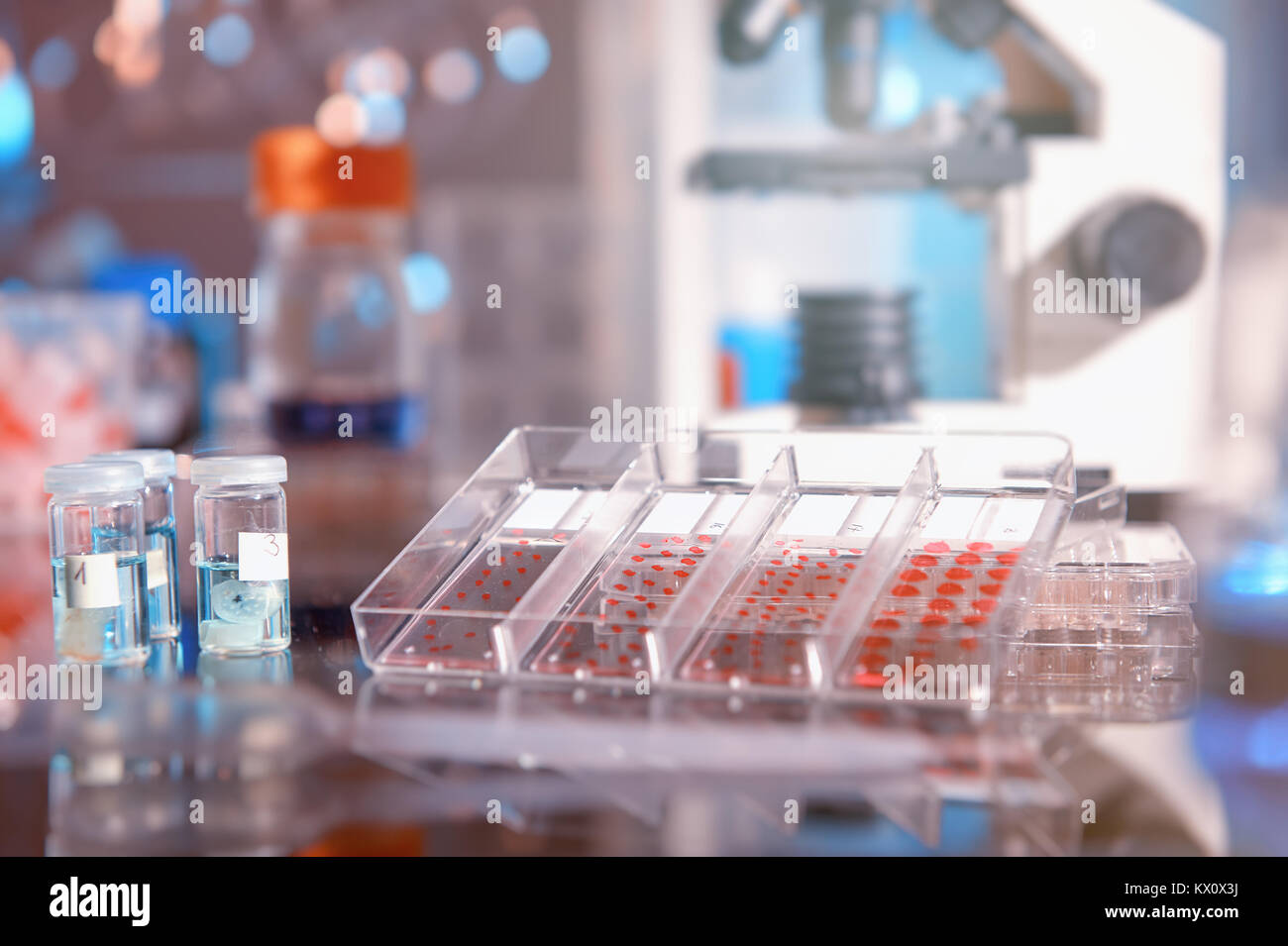 Background scientifico con i moderni strumenti di istopatologia: colorate microscopic slides del tessuto di un paziente, fissata in campioni di tessuto e un microscopio. Spazio per Foto Stock