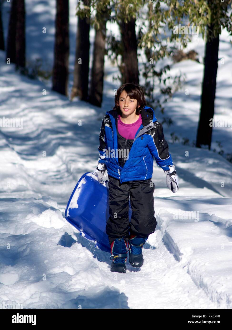 Il ragazzo corse in slittino e giocare nella neve Foto Stock