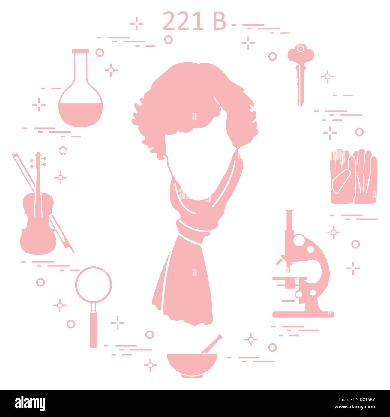 Detective privato Sherlock Holmes con una varietà di strumenti e apparecchiature. L'eroe della popolare serie TV. Design per un annuncio stampa. Illustrazione Vettoriale